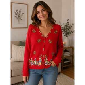 BP Design Womens Size Medium Red Christmas Cardigan Nutcracker Embroidered